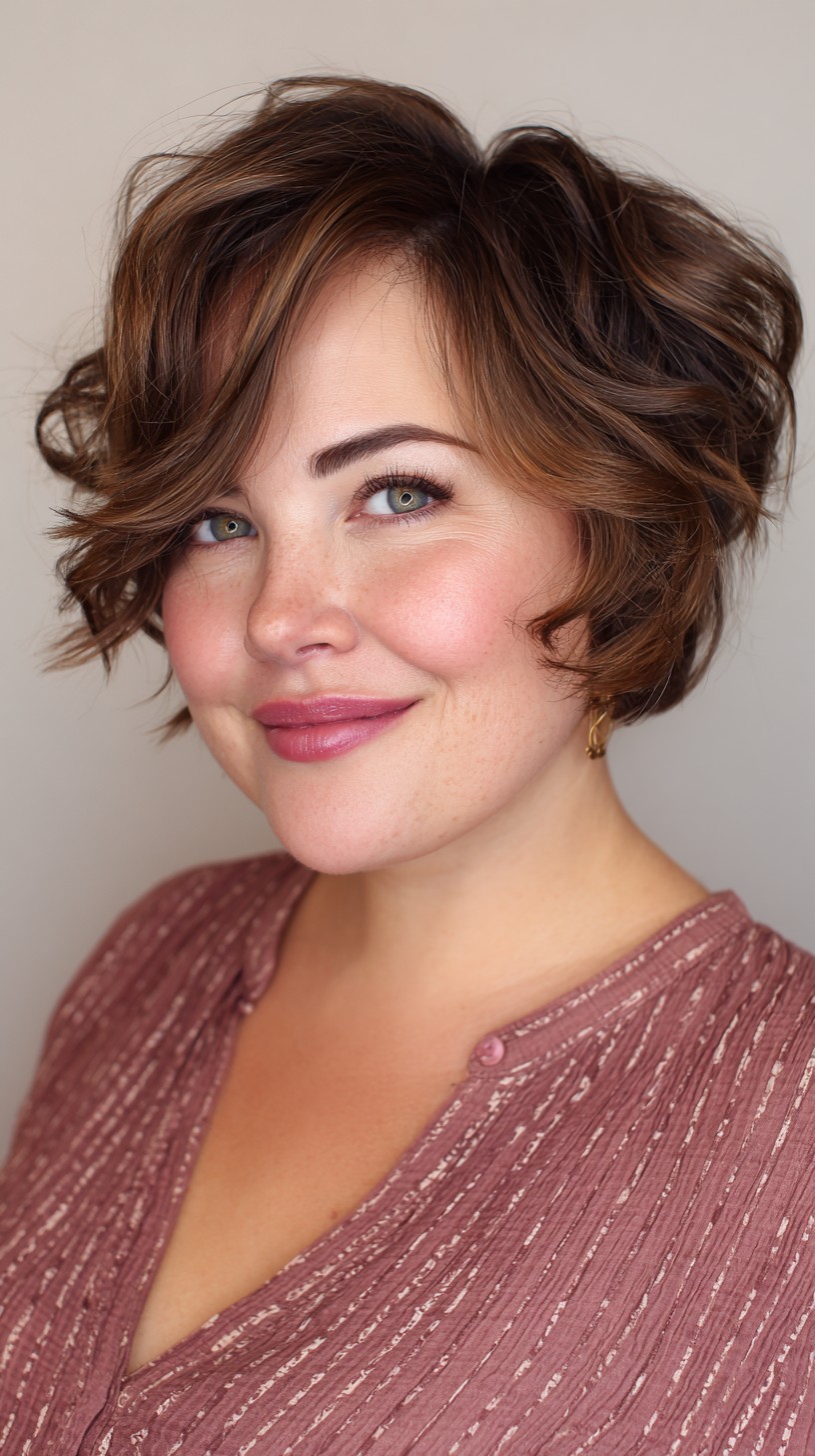 Playful Tousled Brunette Bob with Caramel Highlights