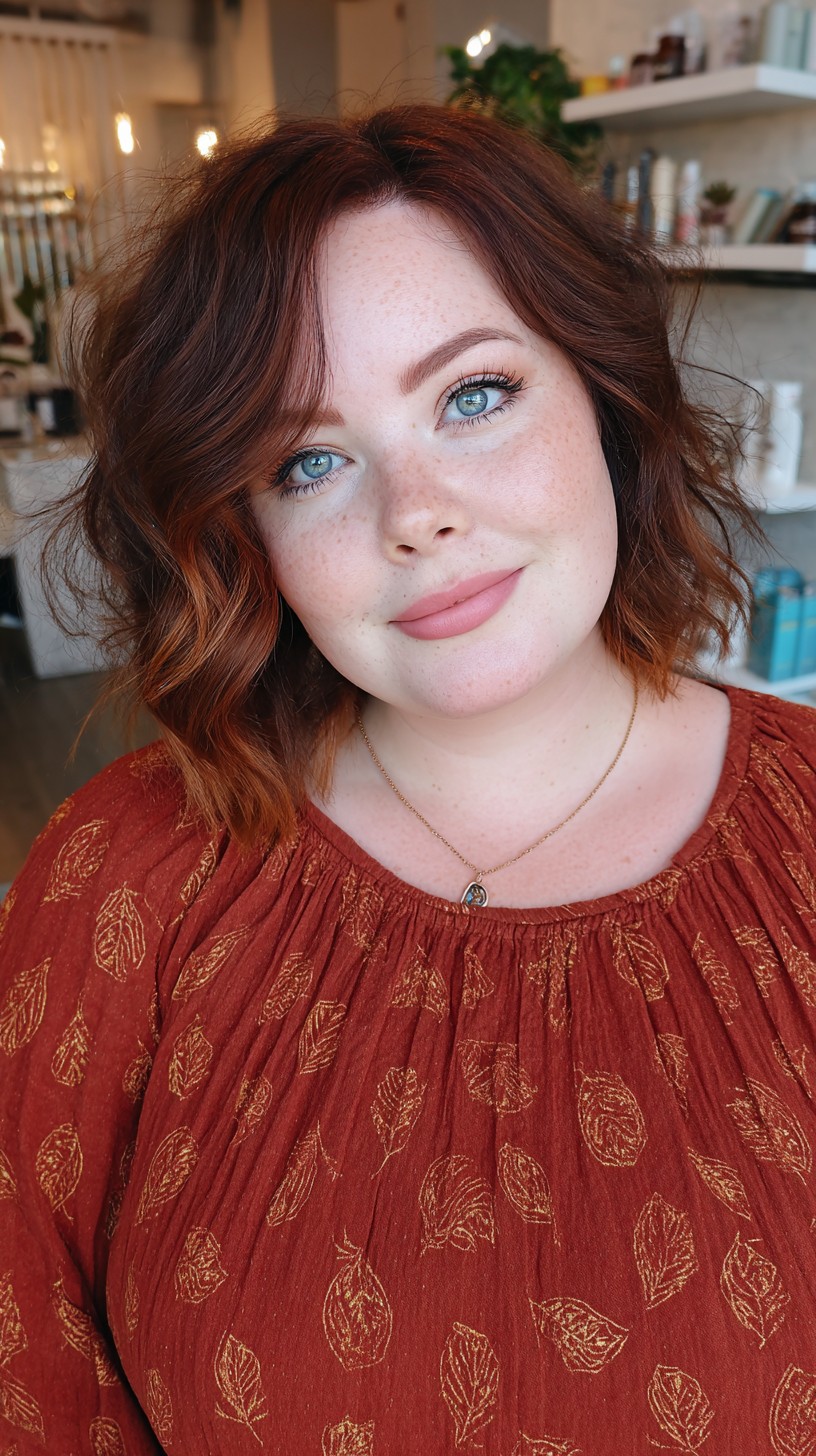 Rich Auburn Side-Swept Waves with Textured Ends