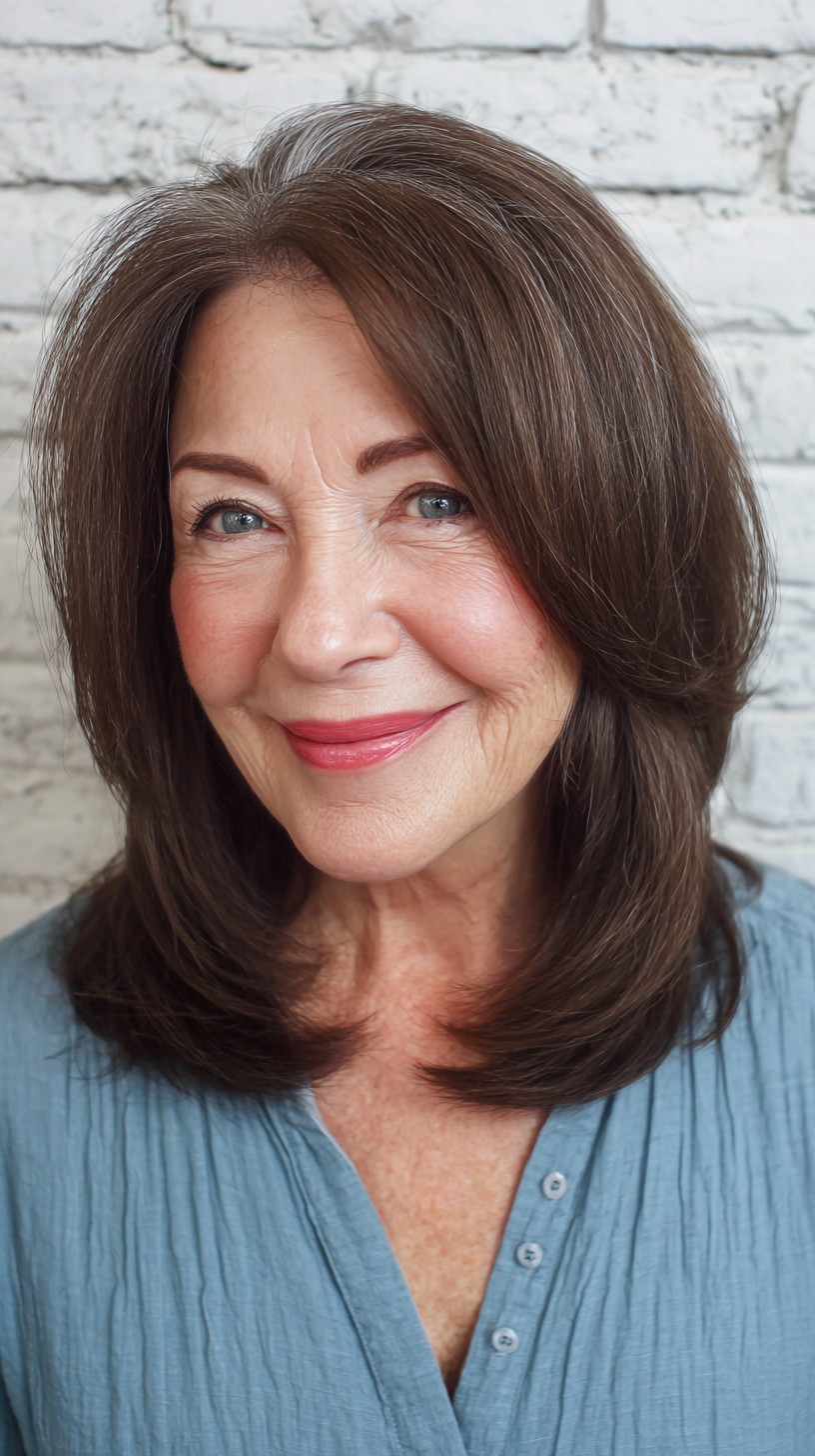 Rich Brunette Layered Lob for Mature Elegance