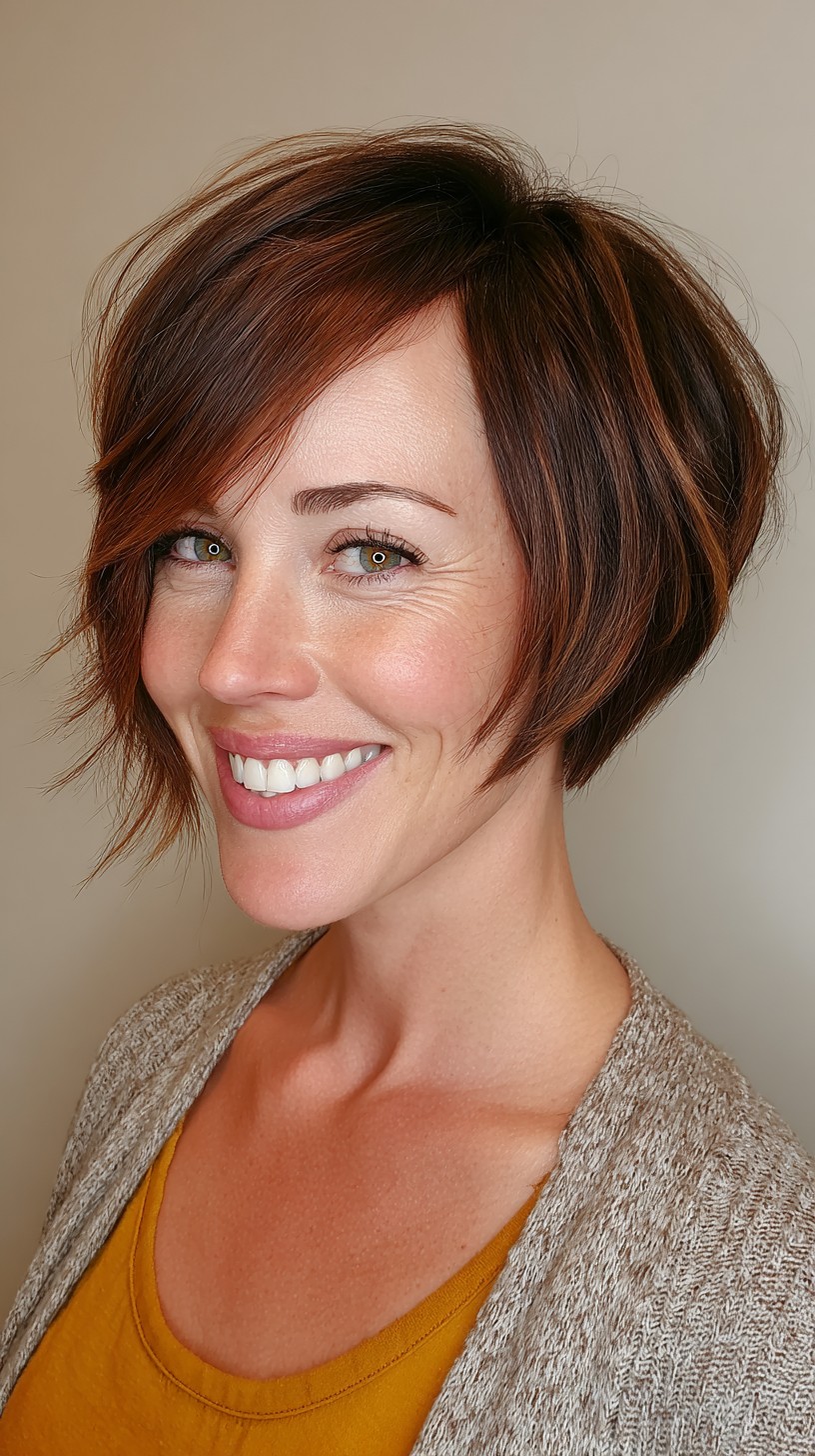 Rich Chocolate Textured Bob with Sweeping Fringe