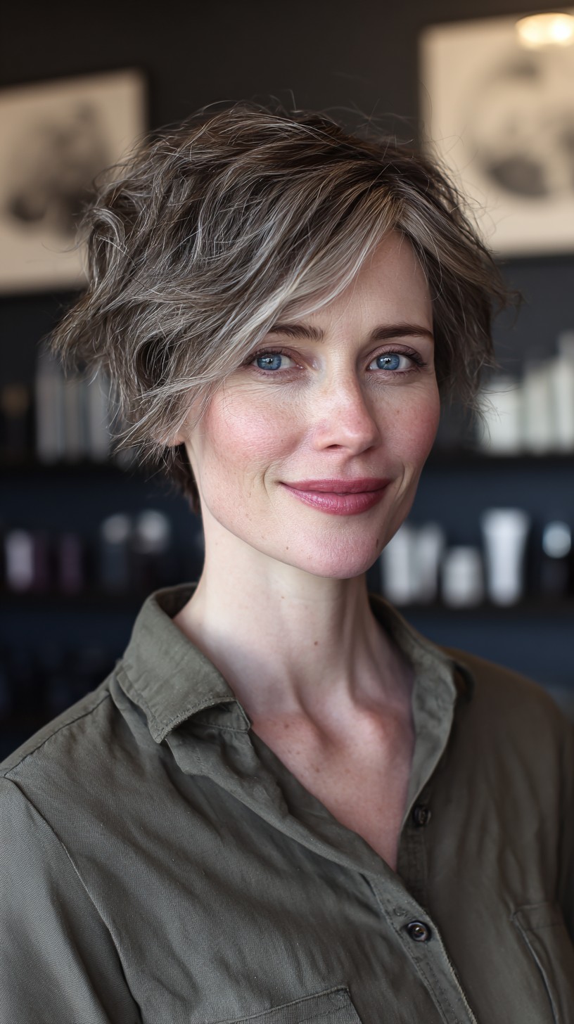 Silver Ash Tousled Pixie with Natural Roots