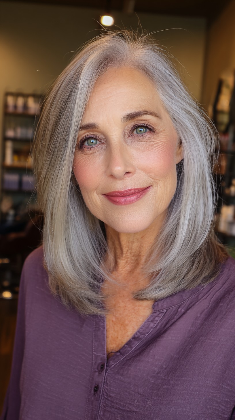 Silvery Sleek Asymmetrical Bob with Soft Waves