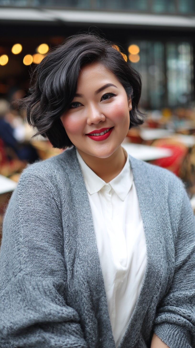 Sleek Ebony Waved Bob for Round Faces