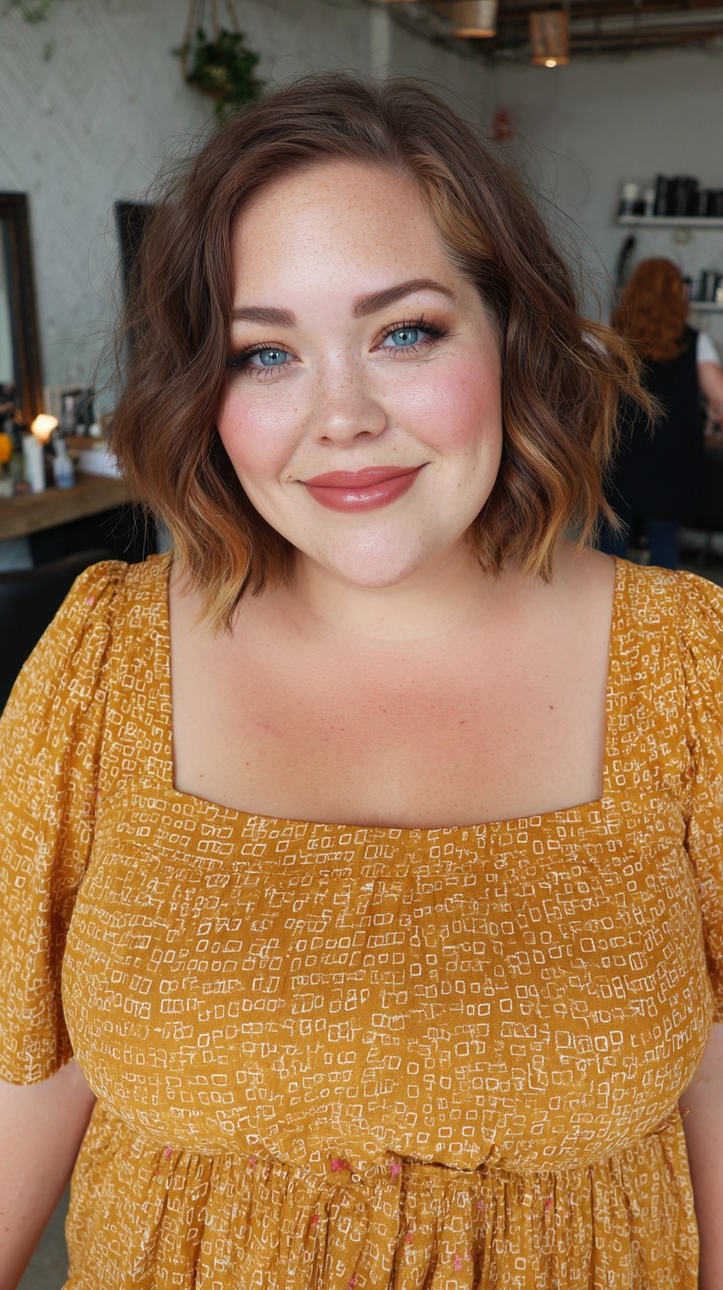Soft Chestnut Textured Lob with Gentle Waves