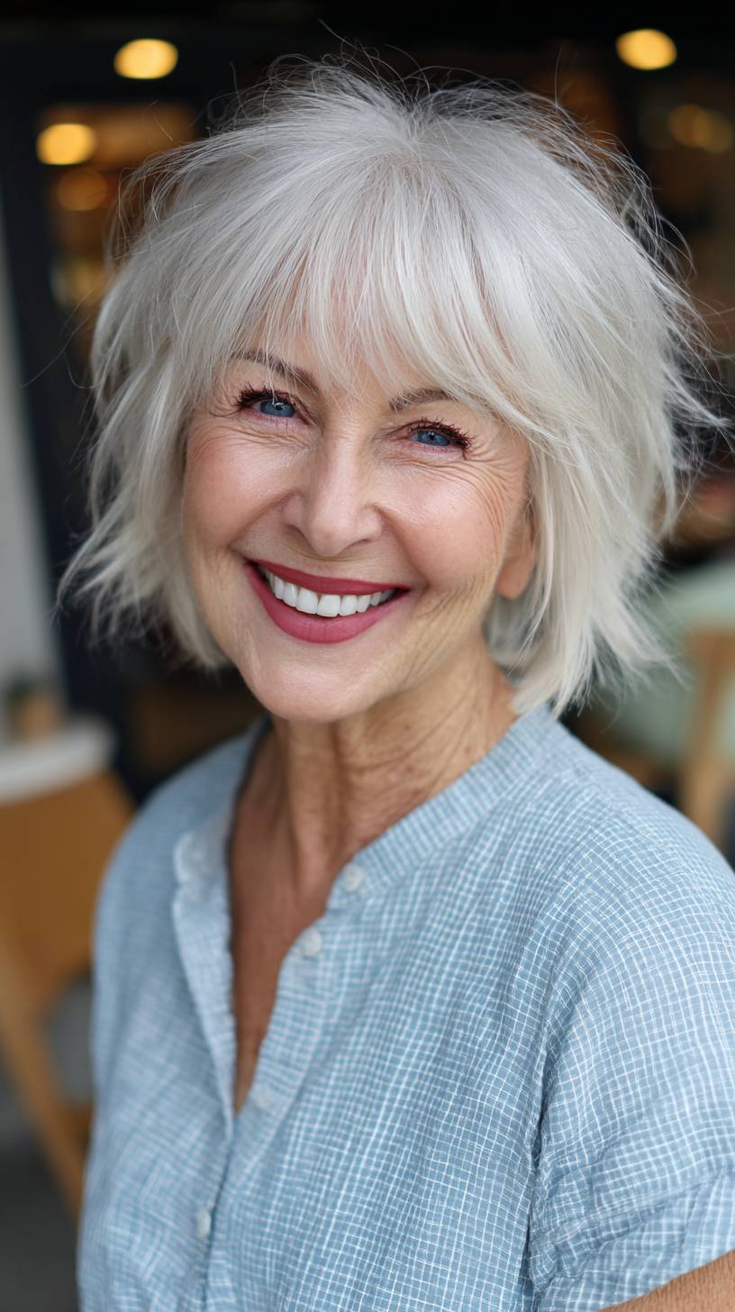 Softly Textured Short White Wolfcut with Wispy Bangs