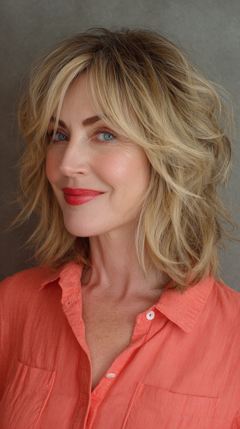 Textured Golden Layered Bob for Vibrant Maturity