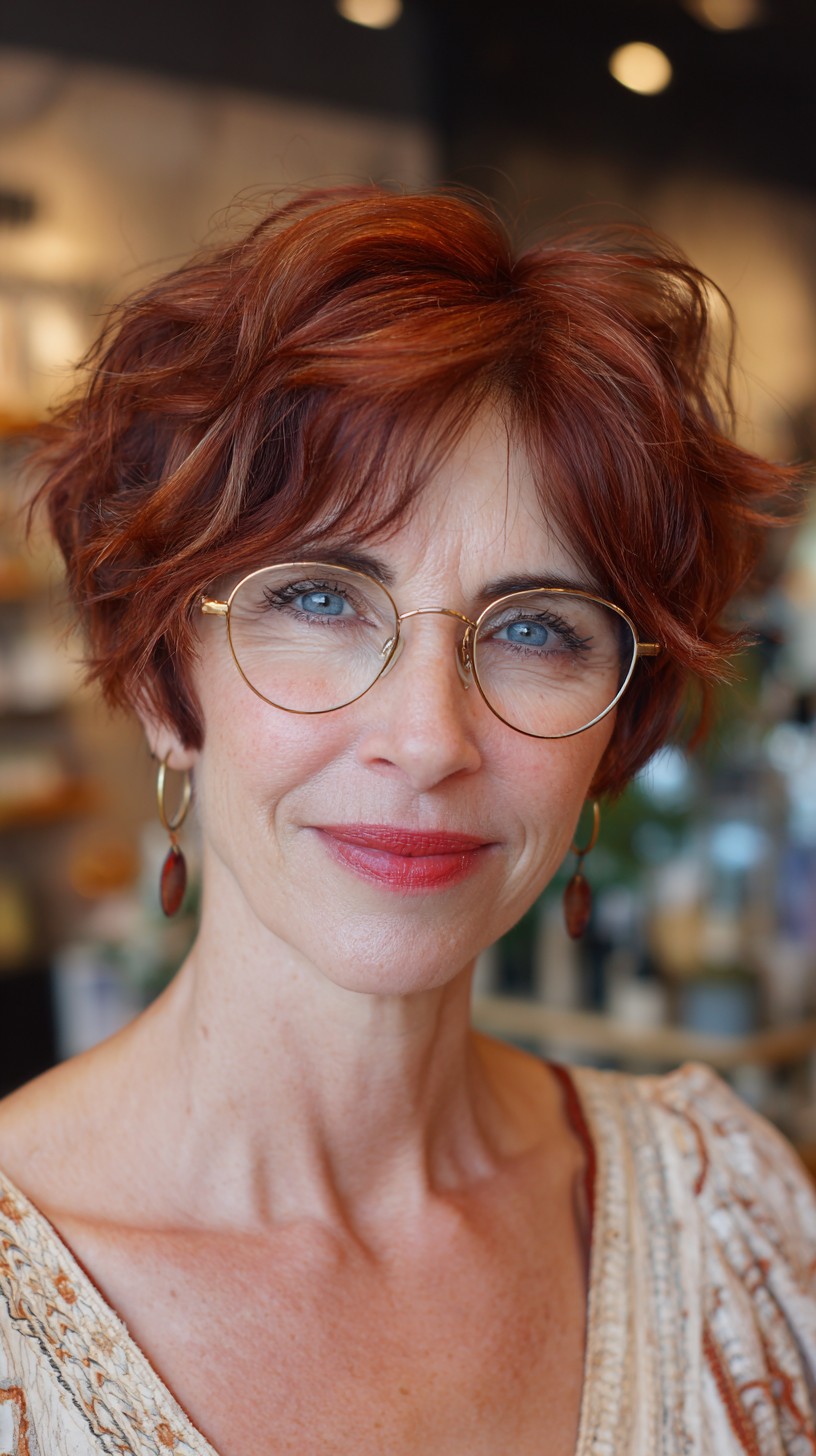 Vibrant Copper Textured Bob with Side-Swept Bangs