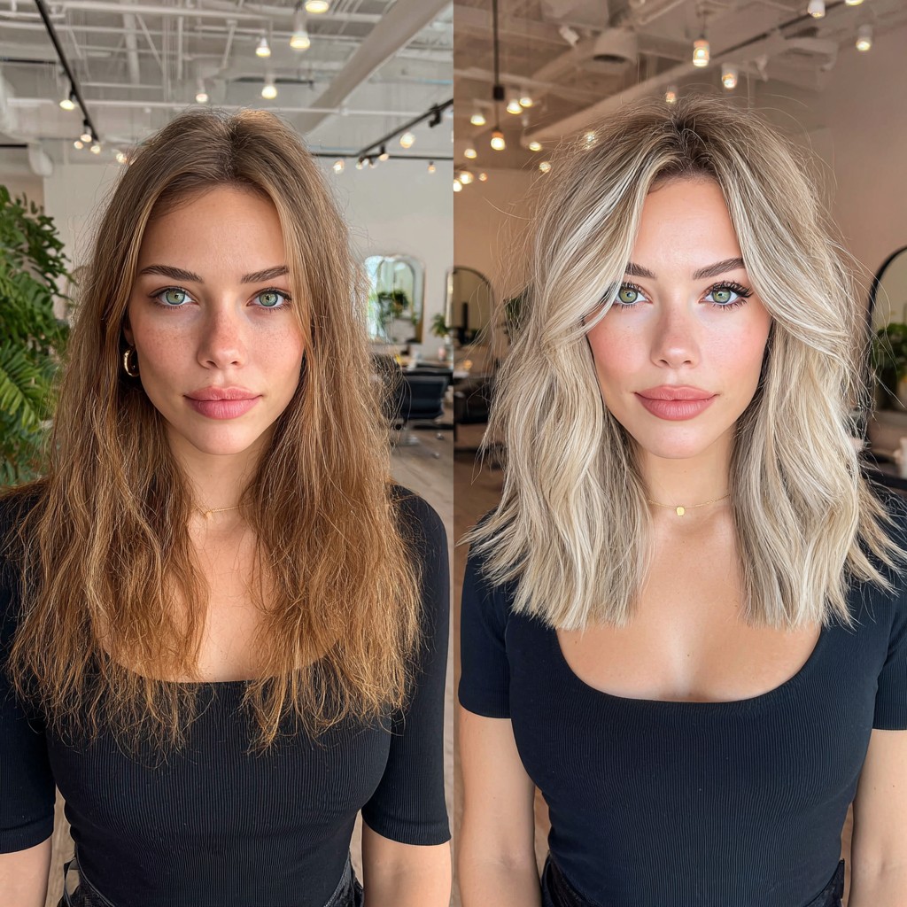 Voluminous Icy Blonde Lob with Dark Roots