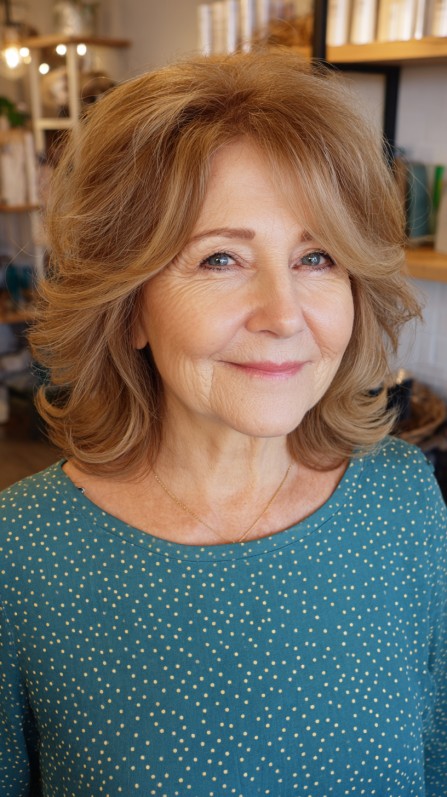 Warm Caramel Tousled Layers for Vibrant Mature Style