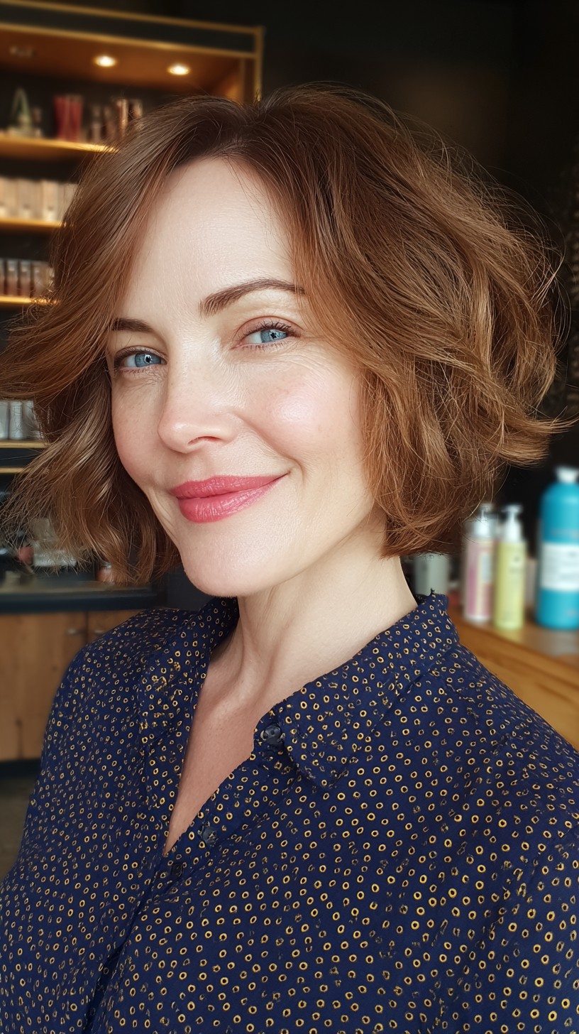 Warm Chestnut Wavy Bob with Textured Ends