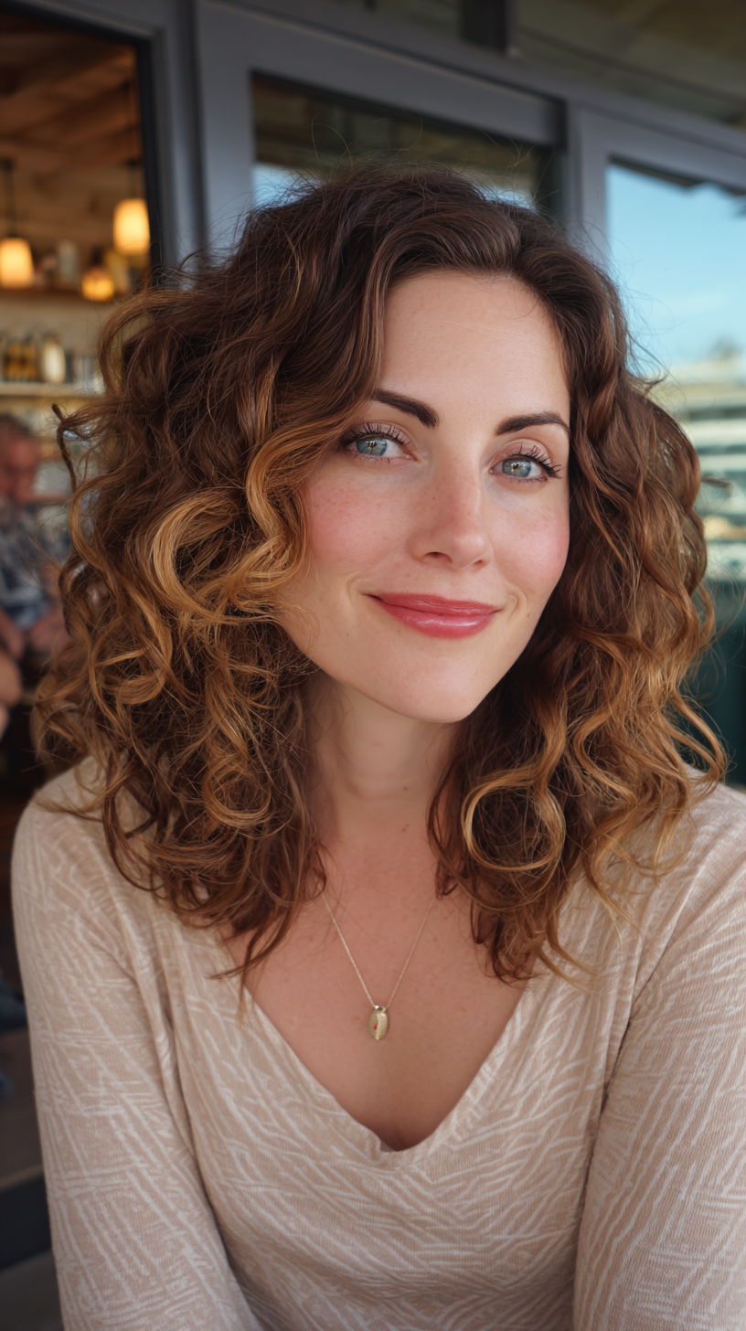 Charming Soft Curly Mid-Length Cut with Subtle Highlights