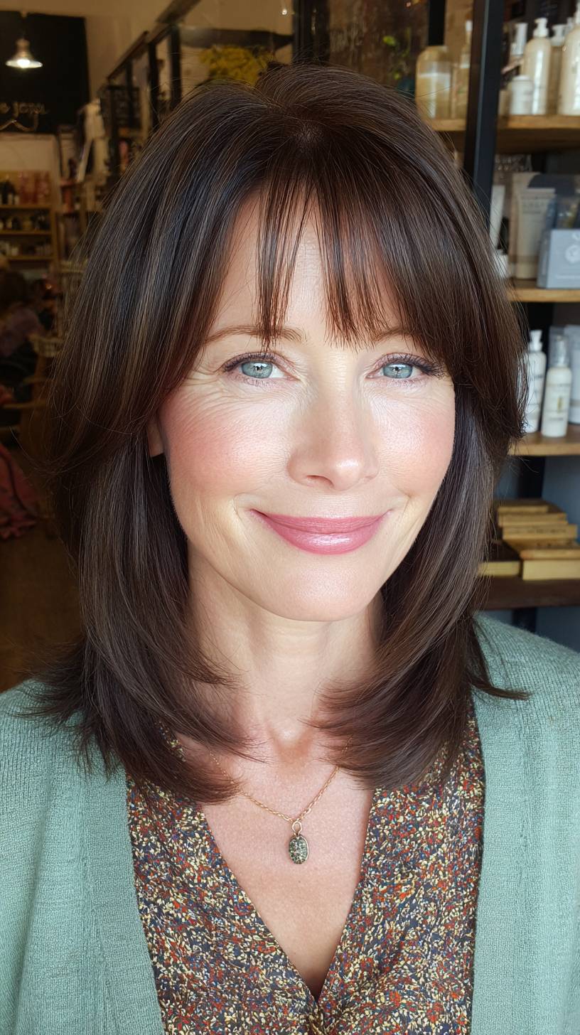 Sleek Chestnut Bob with Soft Fringe