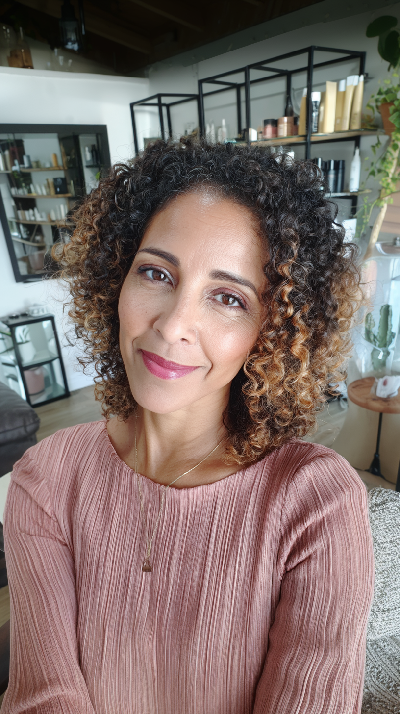 Textured Curly Lob with Warm Highlights