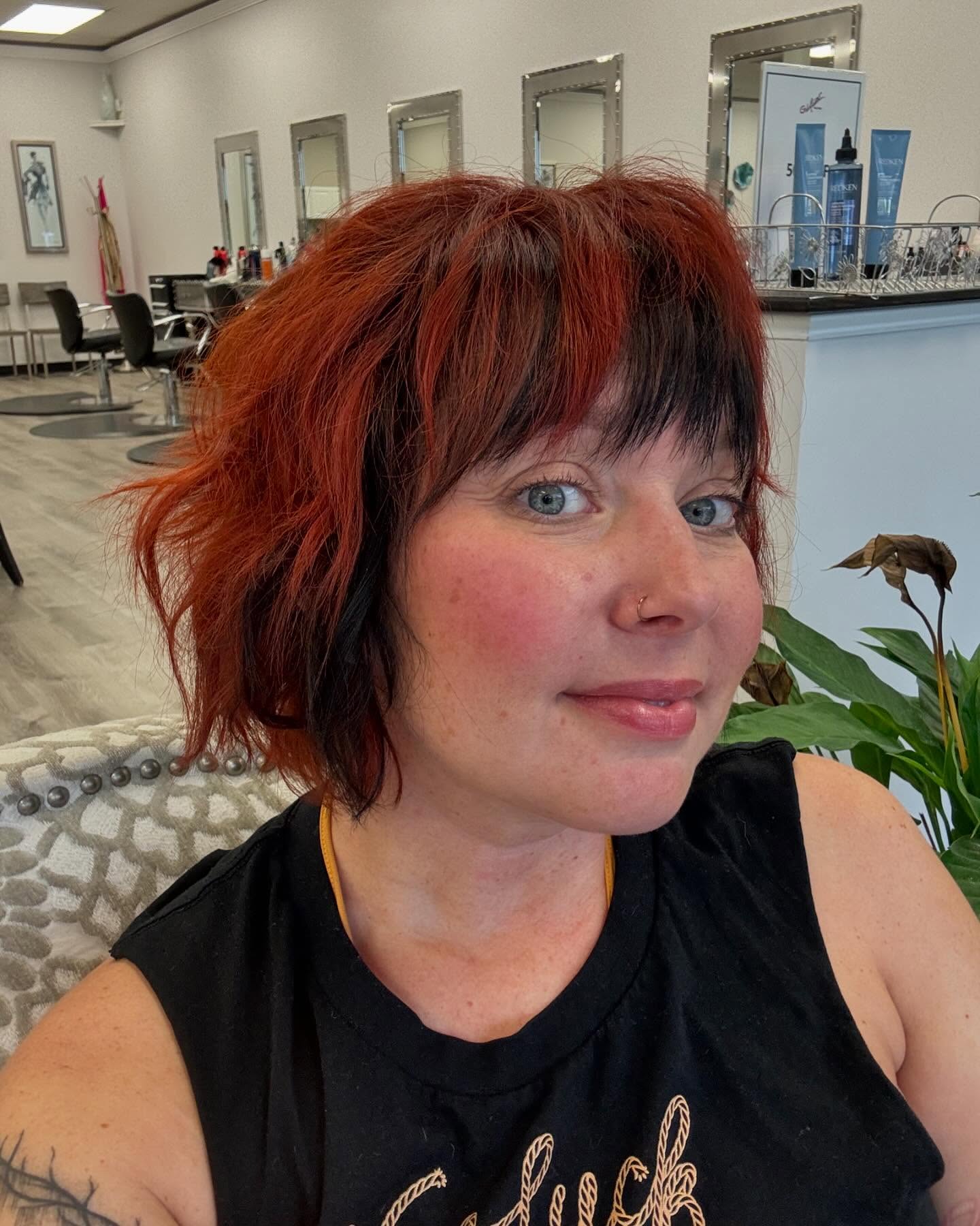 Bold Textured Shag with Vibrant Red and Black Highlights
