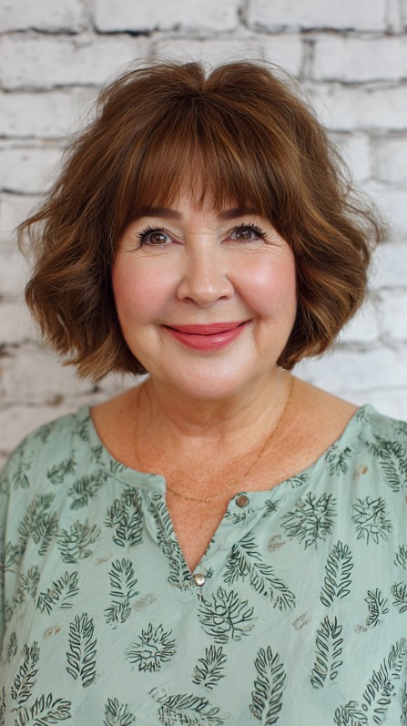 Charming Chestnut Rounded Bob with Soft Bangs