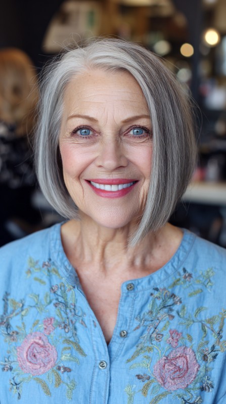 Charming Gray Layered Bob with Soft Fringe
