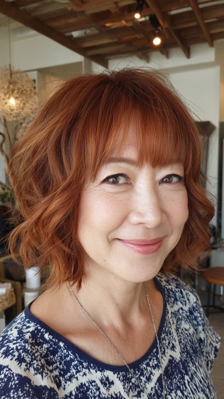 Copper Tousled Waves with Soft Bangs