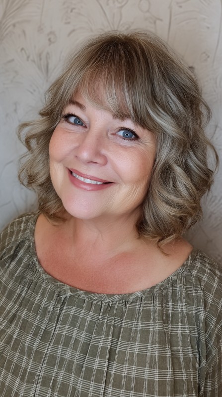 Curled Golden Bob with Wispy Bangs for Round Faces