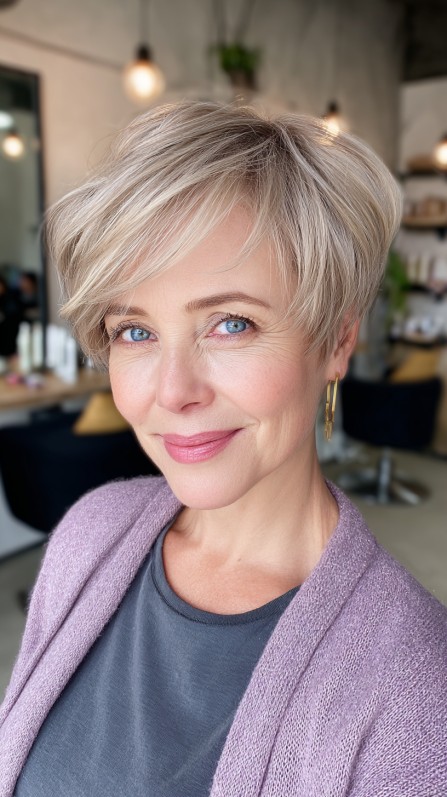 Feathered Platinum Pixie with Sweeping Bangs