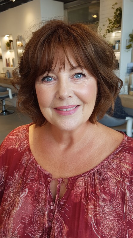 Flattering Chestnut Bob with Soft Layering for Round Faces