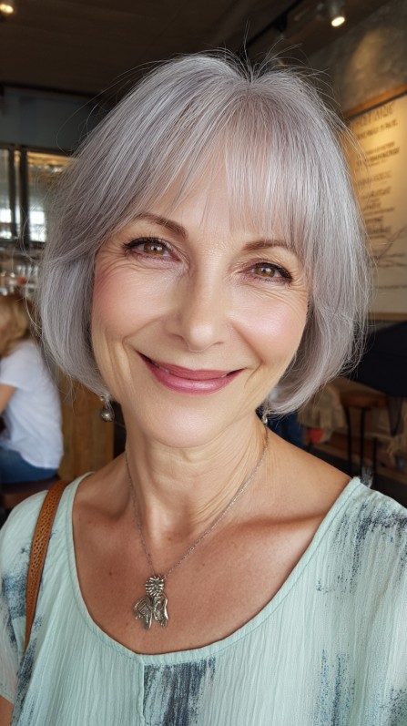 Graceful Silver Feathered Bob with Natural Highlights