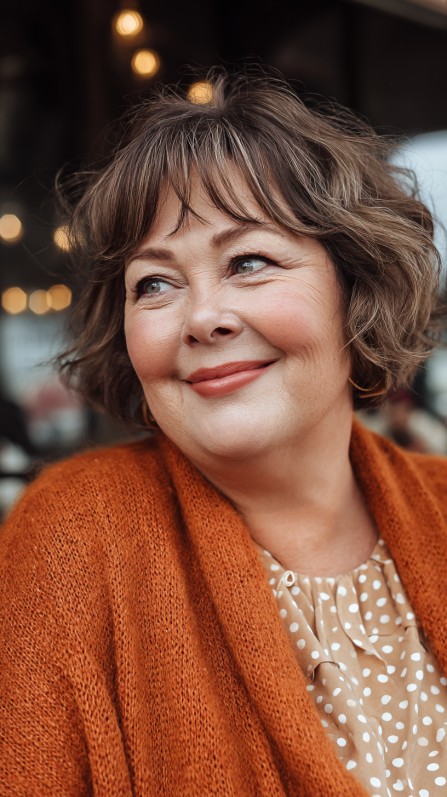 Playful Caramel Wavy Bob With Feathered Bangs