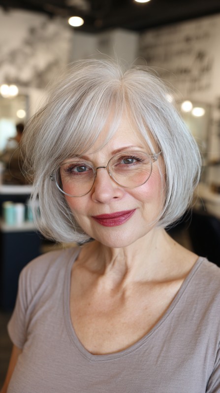 Silvery Feathered Bob with Elegant Side Bangs