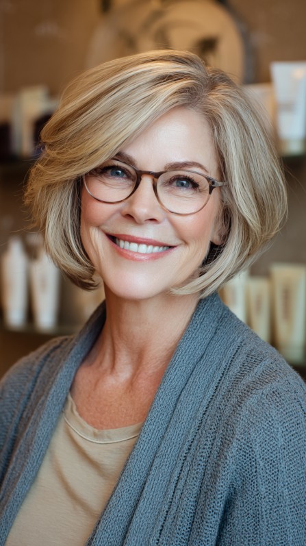 Soft Beige Layered Bob with Graduated Sides