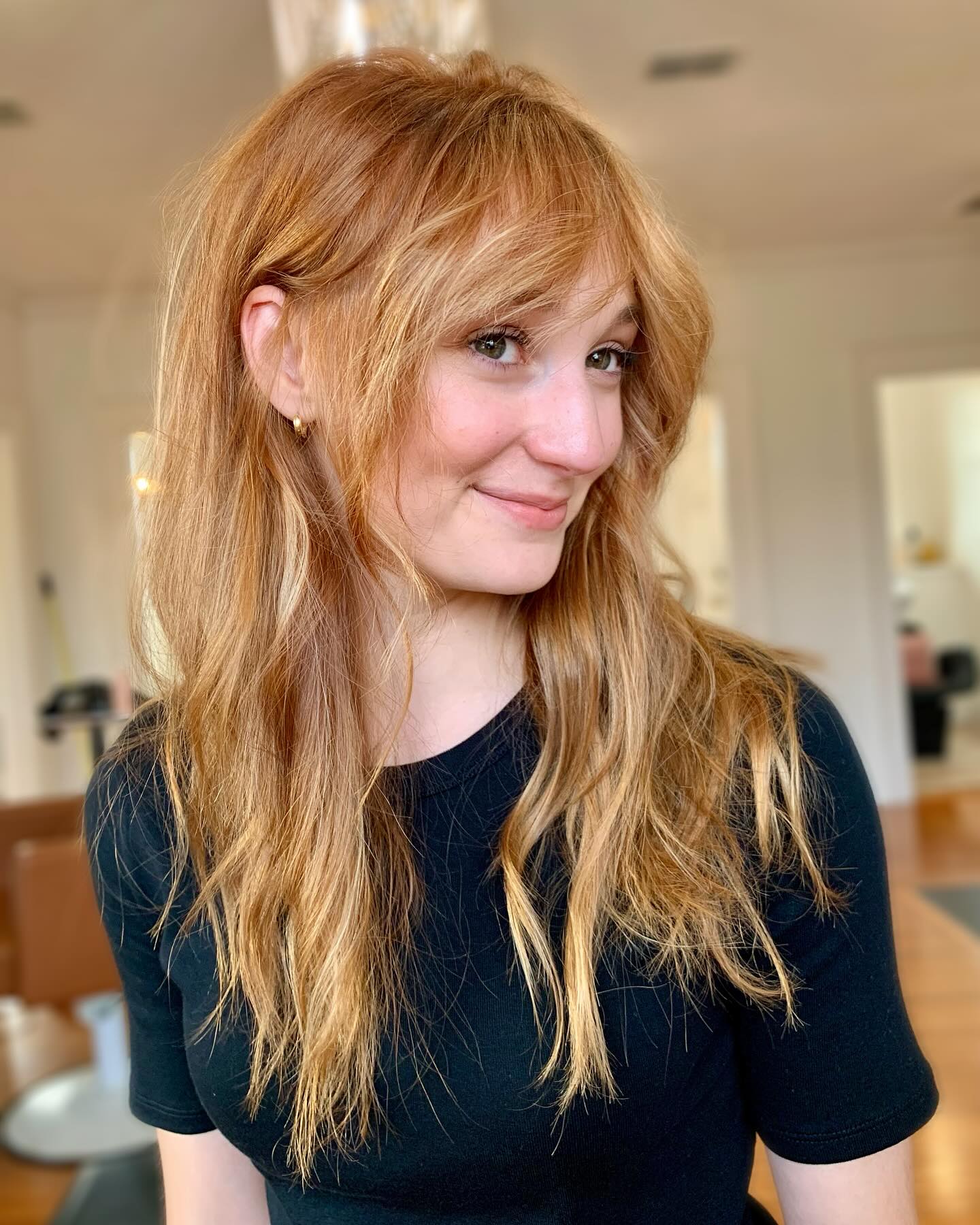 Warm Copper Long Wavy Shag with Soft Bangs