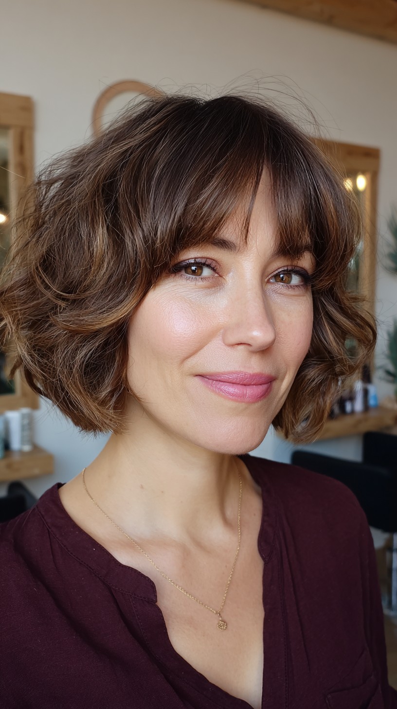 Bouncy Chestnut Bob with Natural Curtain Bangs