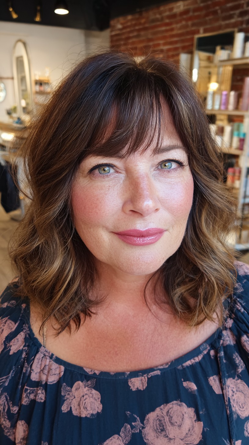 Brunette Textured Lob with Swooping Waves