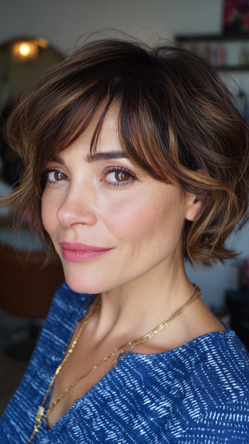Brunette Tousled Bob with Dynamic Curtain Bangs