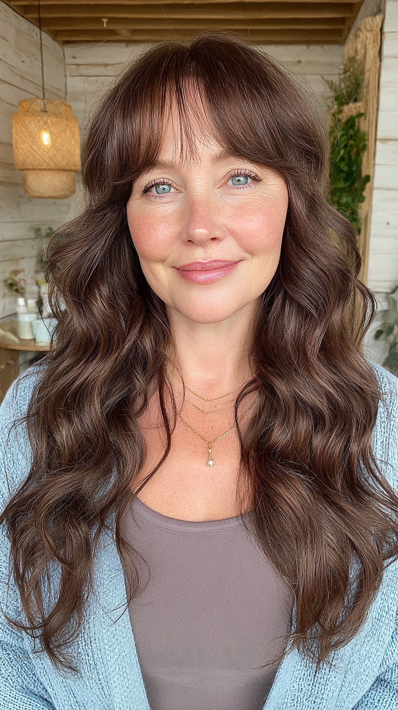Cascading Chestnut Curls with Soft Fringe