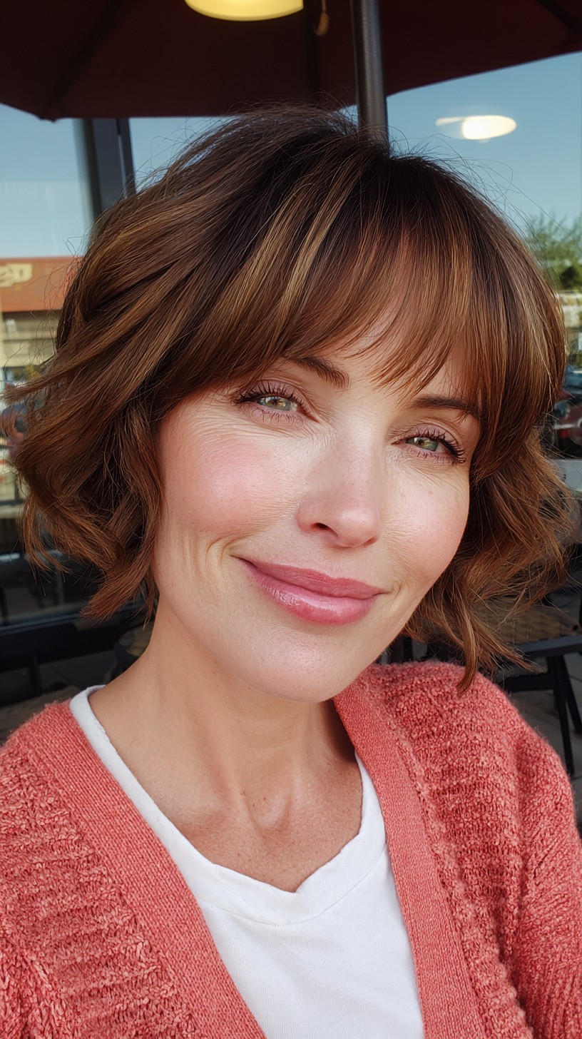 Charming Brunette Waves with Curtain Bangs