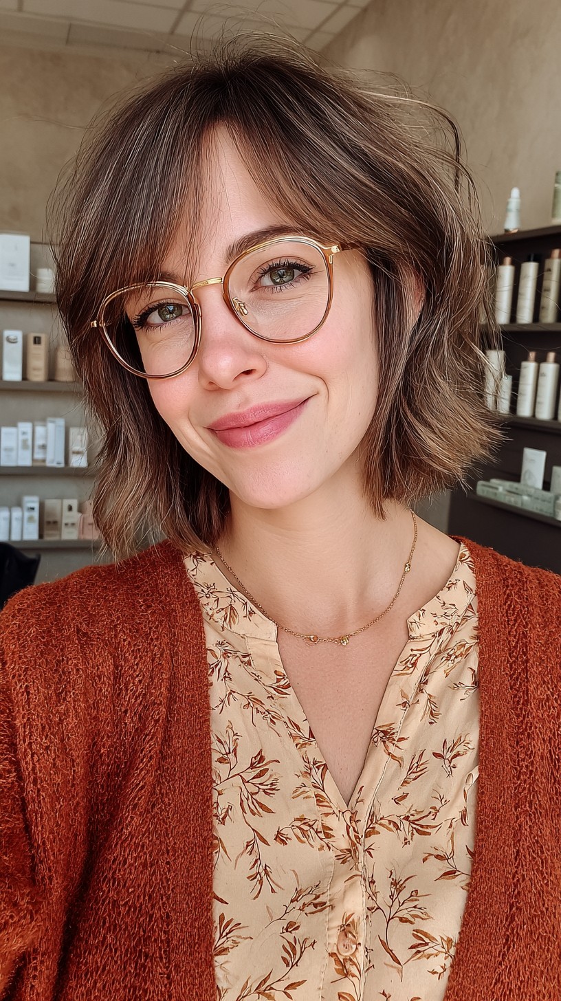 Charming Chestnut Bob with Soft Curtain Bangs