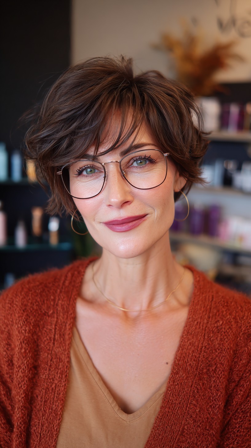 Chic Cinnamon Tousled Bob with Pivotal Curtain Bangs