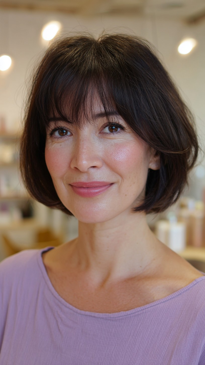 Chic Espresso Bob with Delicate Curtain Bangs