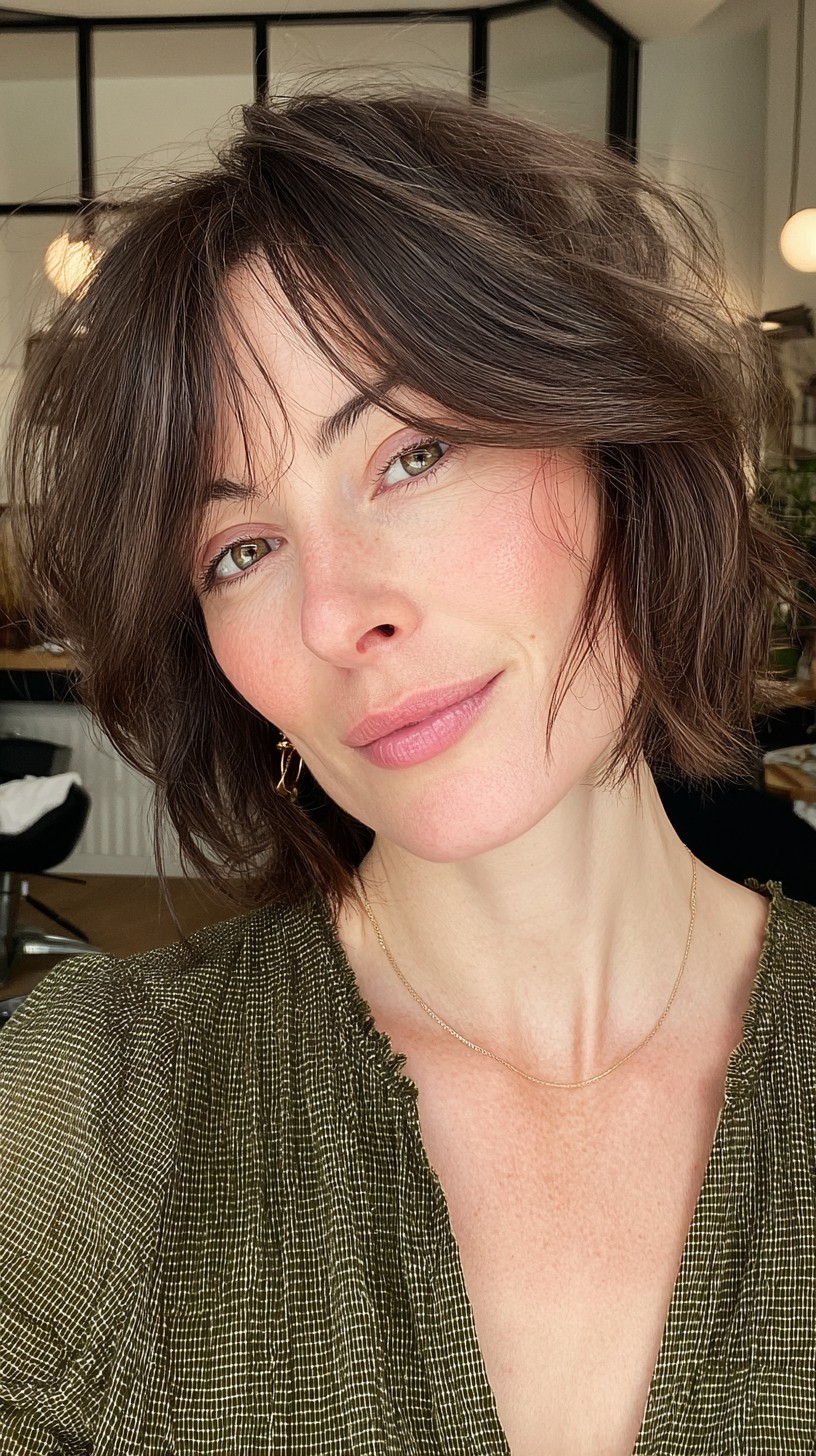 Chic Espresso Layered Bob with Curtain Bangs