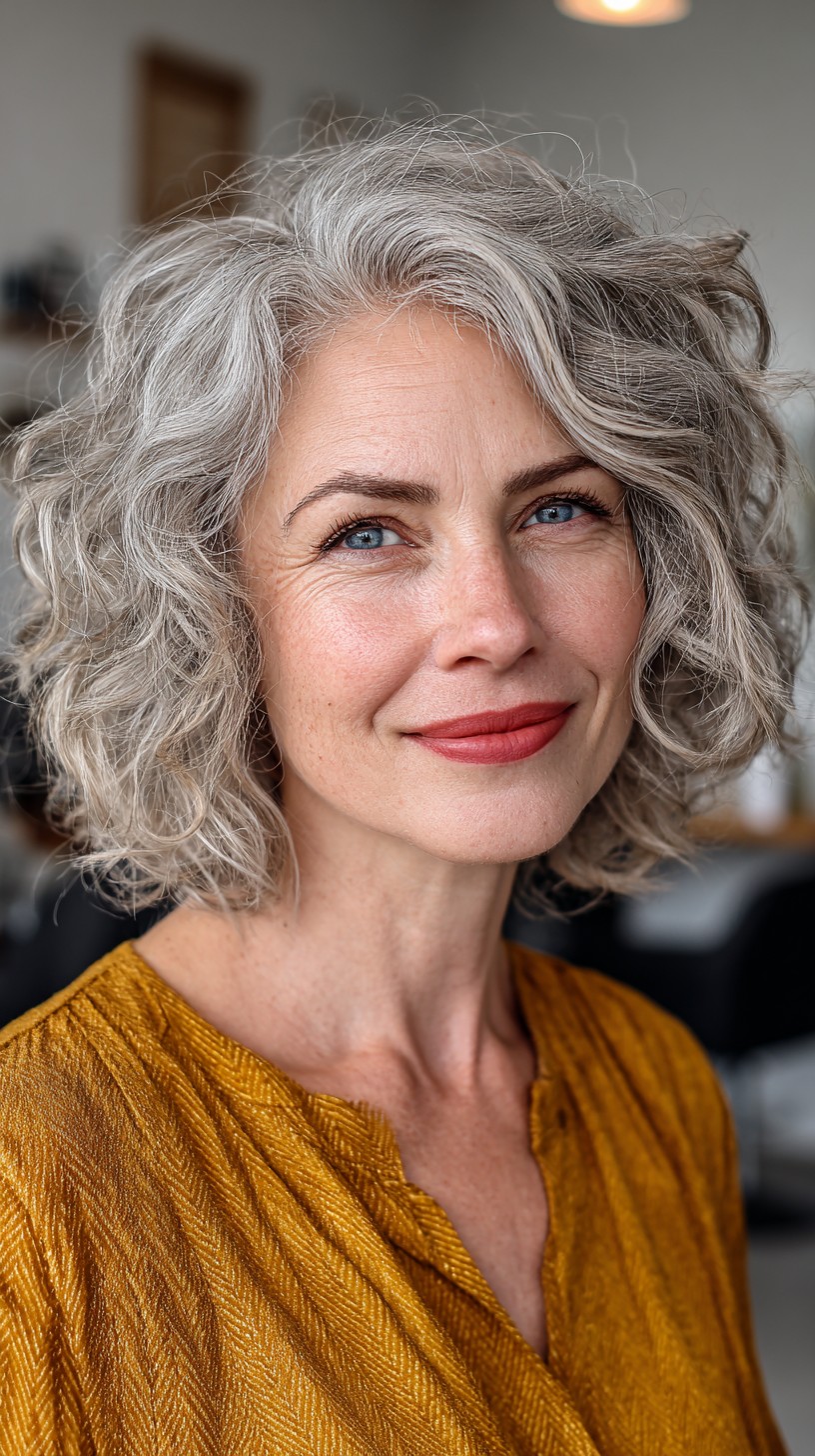 Chic Grey Curls with Layered Bob Cut
