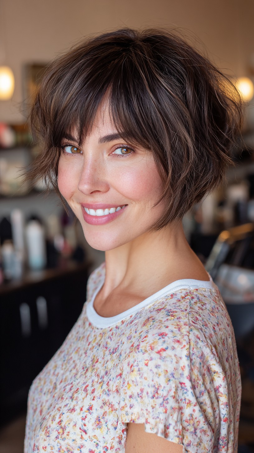 Chic Tousled Brunette Bob with Curtain Bangs