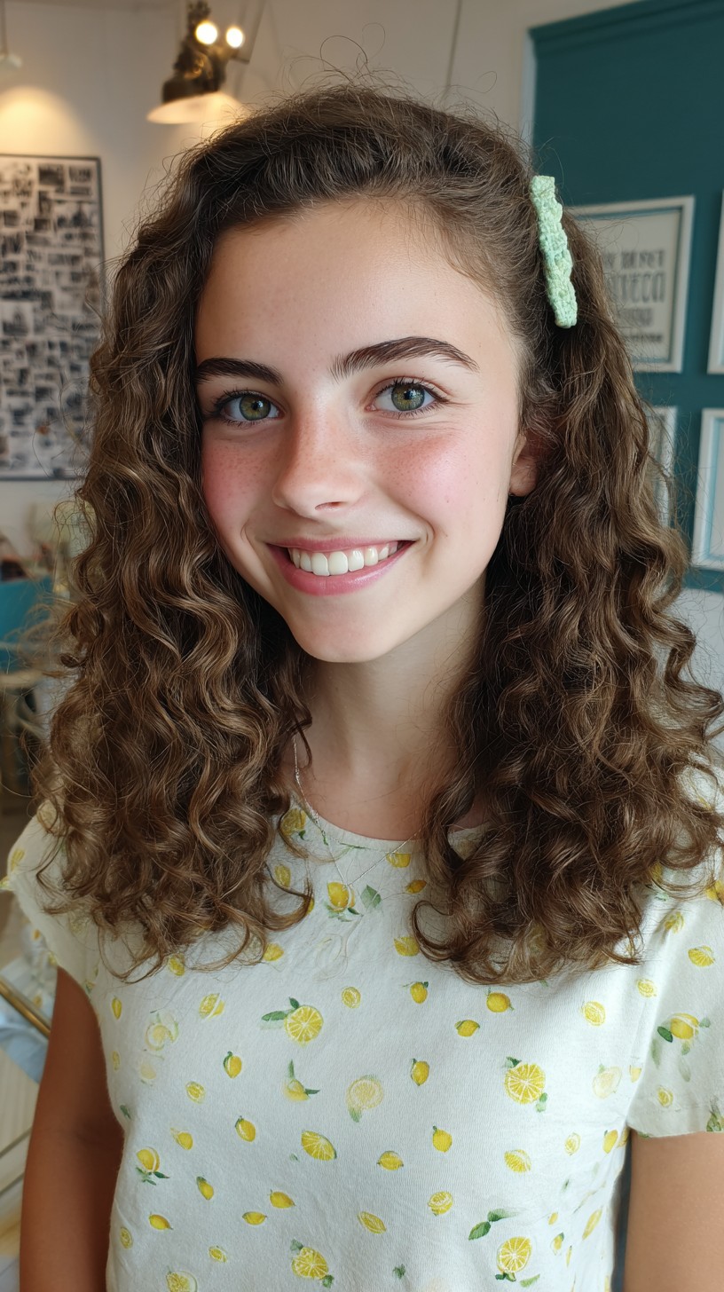 Curly Chestnut Locks with Side Pin Accent