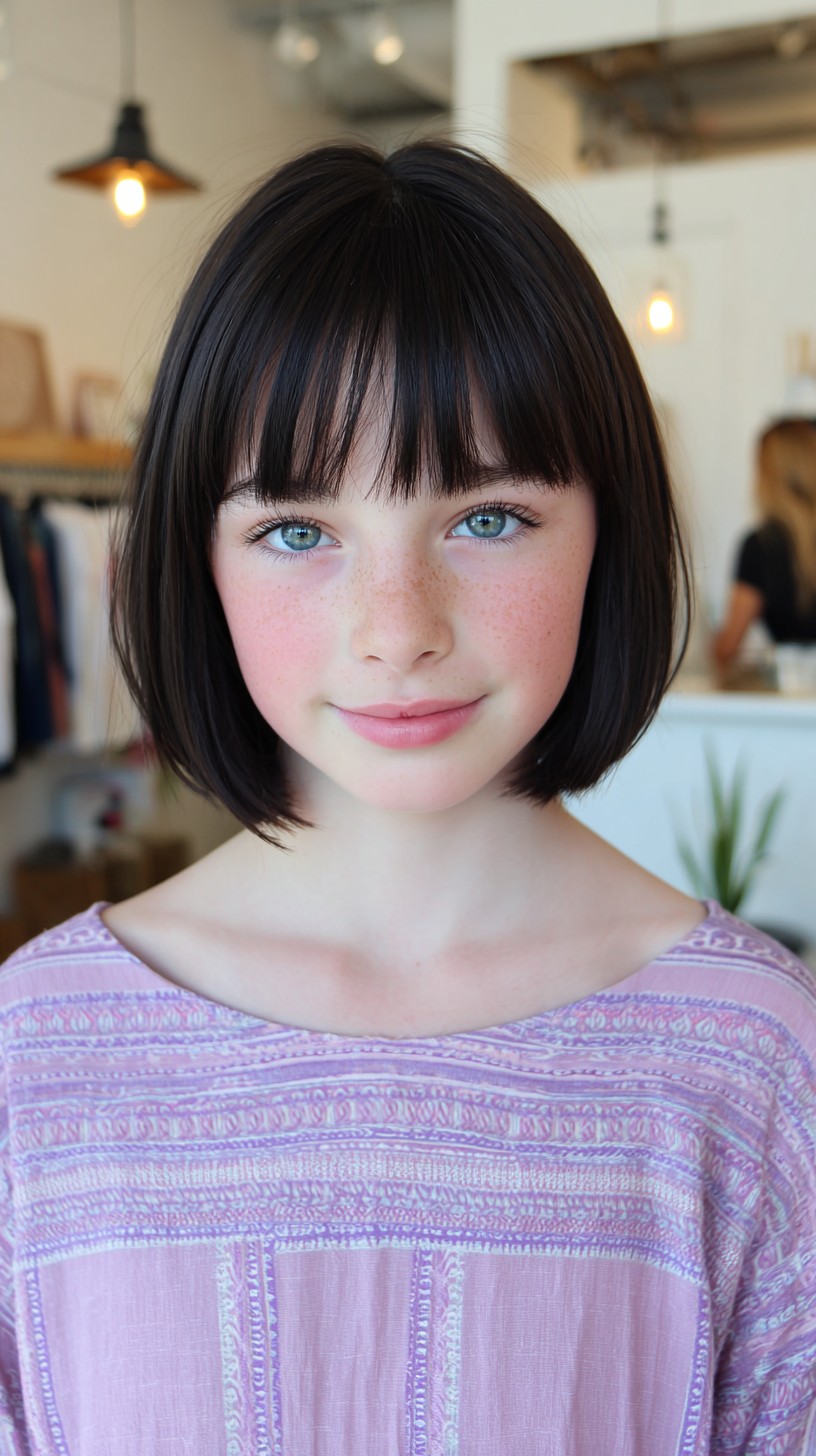 Deep-Black Chin-Length Bob with Full Bangs