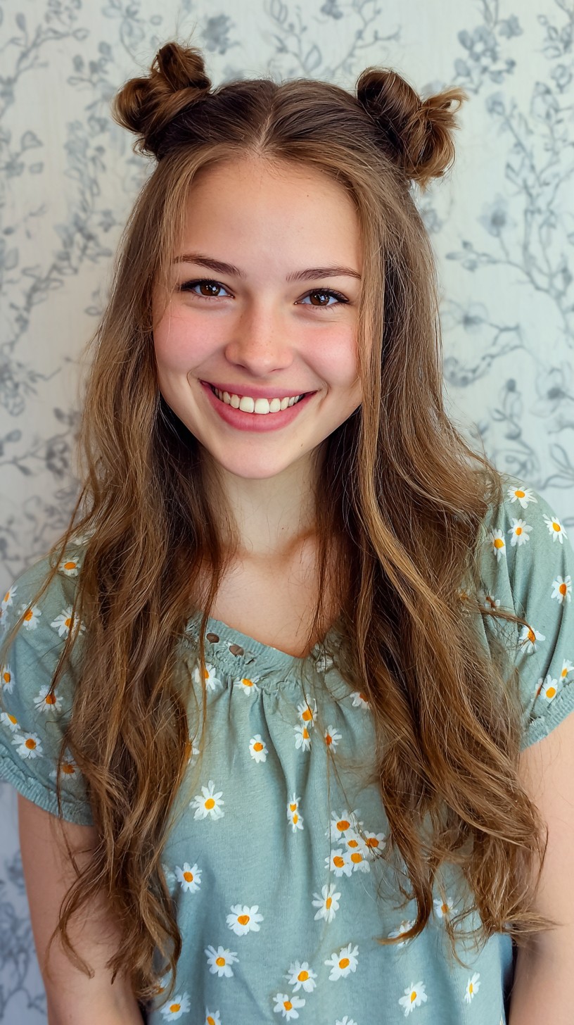 Delightful Double Top Knots with Wavy Tresses