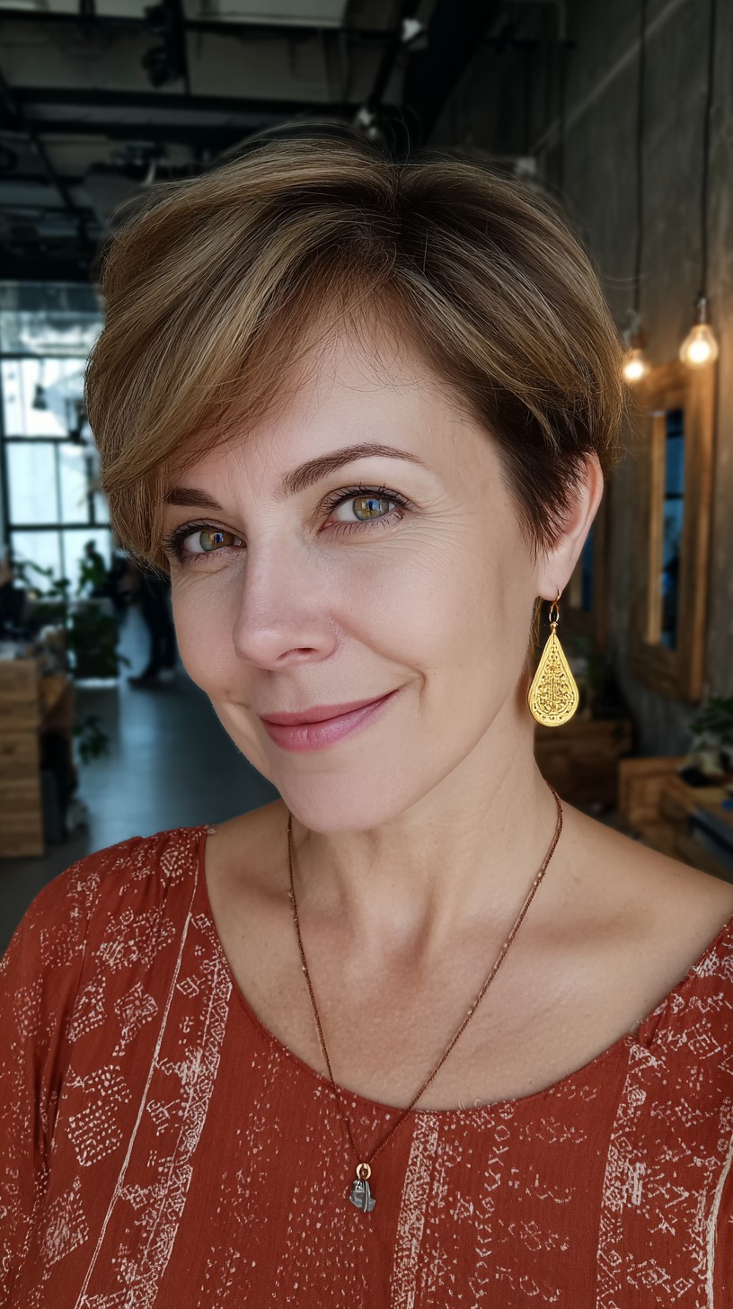 Dynamic Caramel Pixie with Side Sweep