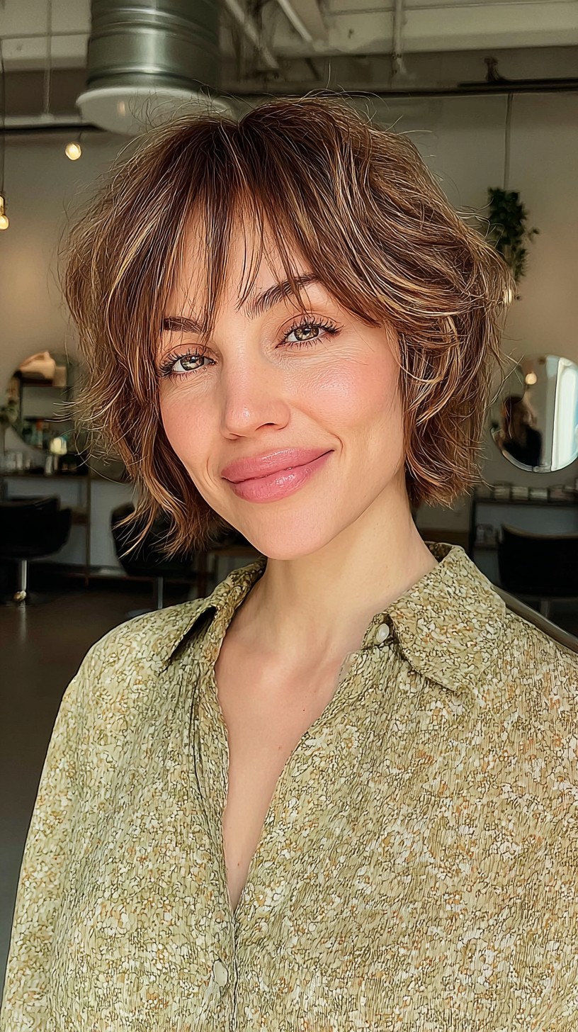 Dynamic Tawny Tousle with Cascading Curtain Bangs