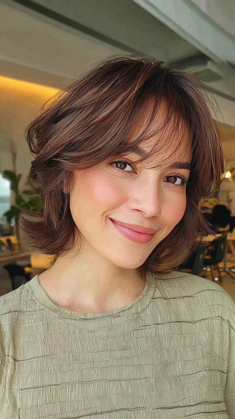 Effervescent Chestnut Bob with Breezy Curtain Bangs