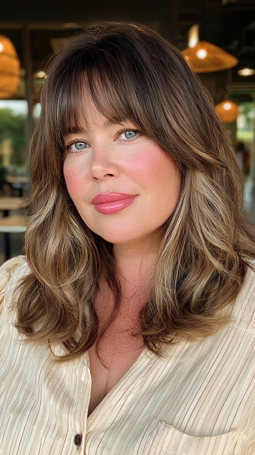 Effortless Brunette Waves with Soft Bangs