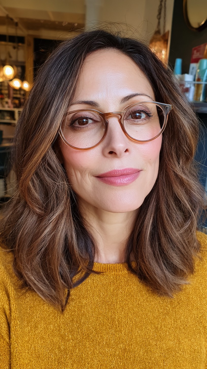 Effortless Chestnut Waves with Soft Highlights