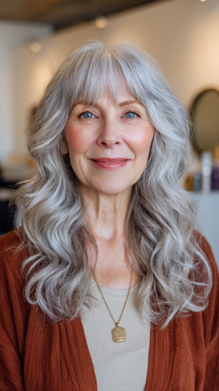 effortless silver waves with soft curtain bangs