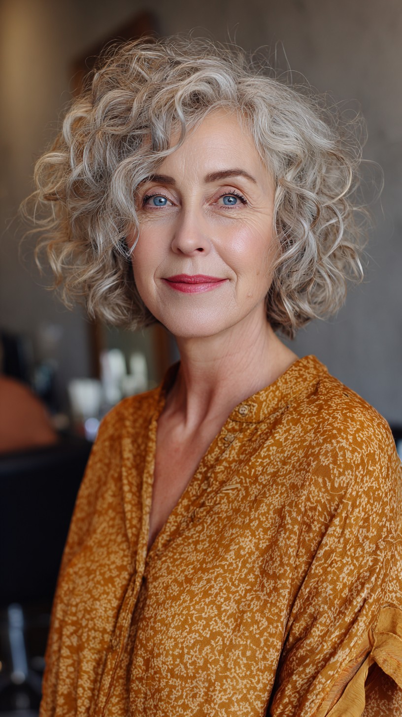 Effortlessly Chic Grey Curly Bob with Natural Highlights